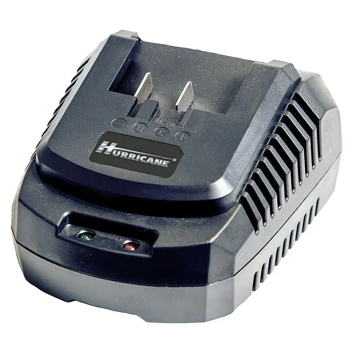 Hurricane Cargador rápido 20V - Específico para: Baterías 20 V de Hurricane - Esta imagen muestra un cargador Hurricane utilizado para recargar baterías de herramientas eléctricas, con LED indicadores que muestran el estado de carga.
