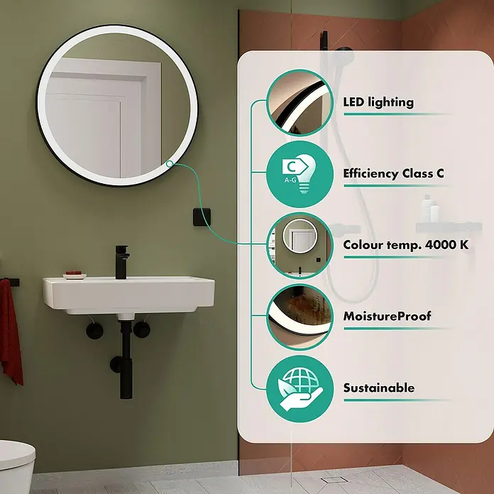 Hansgrohe Lichtspiegel Xarita Lite S - 70 x 70 cm, Schwarz - Ein runder Spiegel mit LED-Beleuchtung, der mit Energieeffizienzklasse C, Feuchtigkeitsschutz und Nachhaltigkeit punktet.