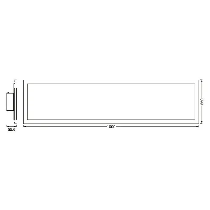 Ledvance Smart+ WiFi LED-Panel Planon Plus TW - 28 W, L x B x H: 100 x 25 x 5,6 cm, Silber - Eine schematische Darstellung einer rechteckigen LED-Leuchte mit den Maßen 1000 x 250 mm und einer Tiefe von 55,6 mm.