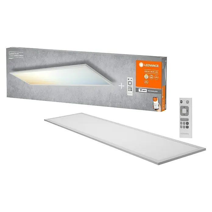 Ledvance Smart+ WiFi LED-Panel Planon Plus TW - 28 W, L x B x H: 100 x 25 x 5,6 cm, Silber - LEDVANCE Planon Plus 100x25 tunable White Smart Deckenleuchte mit Fernbedienung und Verpackung. Eine intelligente Beleuchtungslösung für Ihr Zuhause.