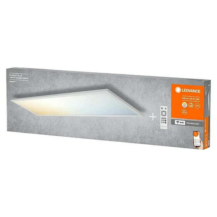 Ledvance Smart+ WiFi LED-Panel Planon Plus TW - 28 W, L x B x H: 100 x 25 x 5,6 cm, Silber - Produktverpackung der LEDVANCE Planon Plus 100x25 tunable white Smart+ Leuchte mit WiFi Technologie und Fernbedienung.