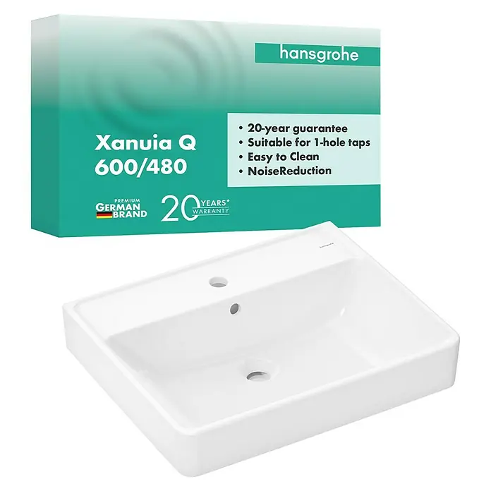 Hansgrohe Waschtisch Xanuia Q - B x L: 60 x 48 cm, Hahnloch: Mitte, Mit Überlauf, Weiß - Das Hansgrohe Xanuia Q 600/480 Waschbecken in Weiß mit 20 Jahren Garantie. Premium-Qualität und elegantes Design für Ihr Badezimmer.