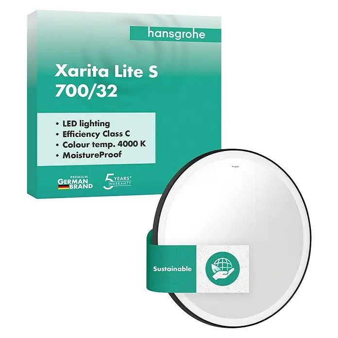Hansgrohe Lichtspiegel Xarita Lite S - 70 x 70 cm, Schwarz - Produktbild des Hansgrohe Xarita Lite S 700/32 Spiegelschranks mit LED-Beleuchtung, Feuchtigkeitsschutz und Nachhaltigkeitsmerkmalen.