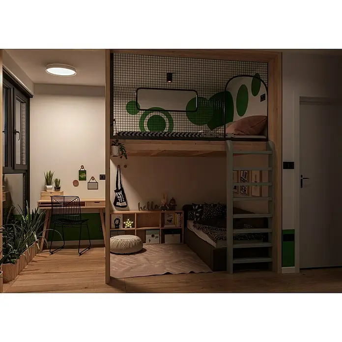 MegaLight LED-Deckenleuchte rund Wohlfühllicht Saturn - 30 W, Ø x H: 40 x 7,5 cm, Weiß, Mehrfarbig - Einrichtungsidee für ein Kinderzimmer mit einem coolen Hochbett, einem Schreibtisch und stilvollen Dekoelementen.
