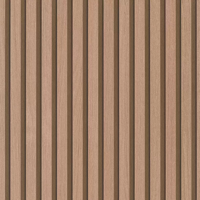 Marburg Travertino Vliestapete Paneel-Optik - Kupfer, Metalloptik, 10,05 x 0,53 m - Hellbraune Holzlamellen-Wandverkleidung mit natürlicher Holzmaserung.