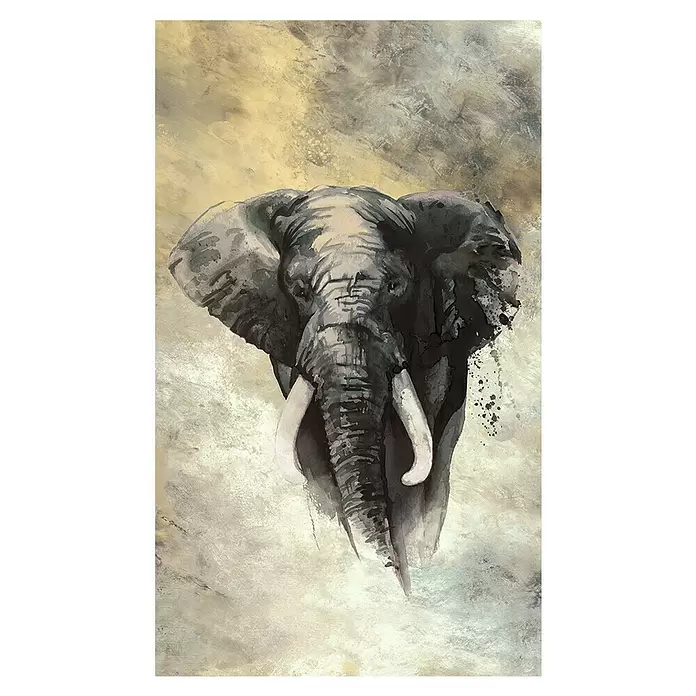 Marburg Travertino Fototapete - Elefant I, B x H: 159 x 270 cm, Vlies - Abstraktes Aquarellgemälde eines Elefantenkopfes mit Stoßzähnen in Grau-, Schwarz- und Beigetönen mit strukturierten Pinselstrichen.
