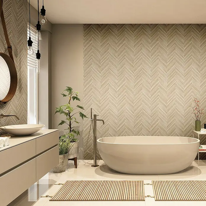Marburg Travertino Vliestapete Fischgrätmuster - Beige, Holzoptik, 10,05 x 0,53 m - Elegantes Badezimmer mit freistehender Badewanne, stilvollem Waschtisch und dekorativen Elementen. Die sanften Farben schaffen eine entspannende Atmosphäre.