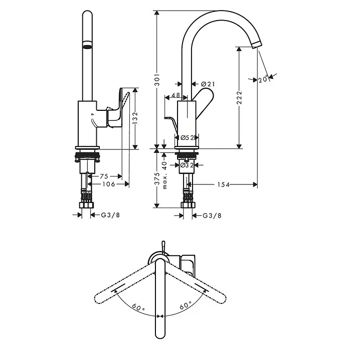 Hansgrohe Rebris S Grifo de lavabo - Cromo, Brillante - Dibujo técnico de un grifo con dimensiones. El grifo tiene un caño giratorio y una palanca para su uso.
