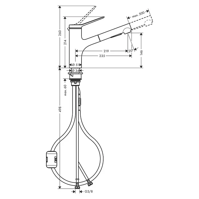 Hansgrohe Zesis M33 Spültischarmatur - Mattschwarz, Matt, Ohne sBox - Abbildung eines Wasserhahns mit detaillierten Maßen, einschließlich Höhe, Ausladung und Durchmesser, für Installationszwecke.