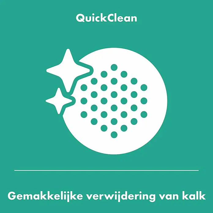 Hansgrohe Zesis M33 Spültischarmatur - Chrom, Glänzend, Ohne sBox - Das Bild zeigt das QuickClean-Logo, das für die einfache Entfernung von Kalk steht. Es zeigt einen Kreis mit Punkten und zwei Sternen auf grünem Hintergrund.