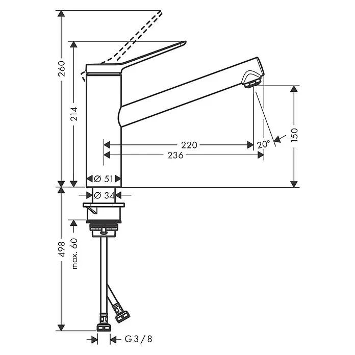 Hansgrohe Zesis M33 Spültischarmatur - Mattschwarz, Matt, Durchflussmenge: 11,6 l/min - Eine technische Zeichnung eines Wasserhahns mit allen Maßangaben für Installation und Design.