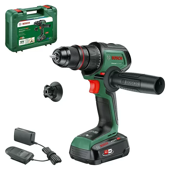 Bosch Power for All 18V Taladro atornillador de batería AdvancedDrill 18V-80 - 18 V, 1 batería, 2,5 Ah, 78 Nm - Taladro inalámbrico Bosch AdvancedDrill 18V-80 verde y negro con batería, cargador, empuñadura y estuche.
