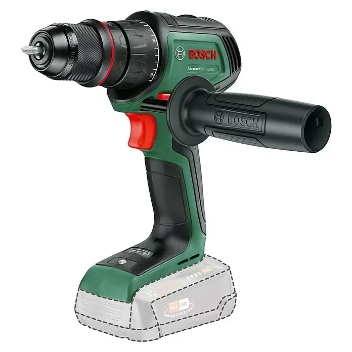 Bosch Power for All 18V Taladro atornillador de batería AdvancedDrill 80 - 18 V, Sin batería, 78 Nm, 3 piezas - Taladro inalámbrico Bosch AdvancedDrill 18V-80 verde y negro con empuñadura auxiliar, mostrado sin batería.