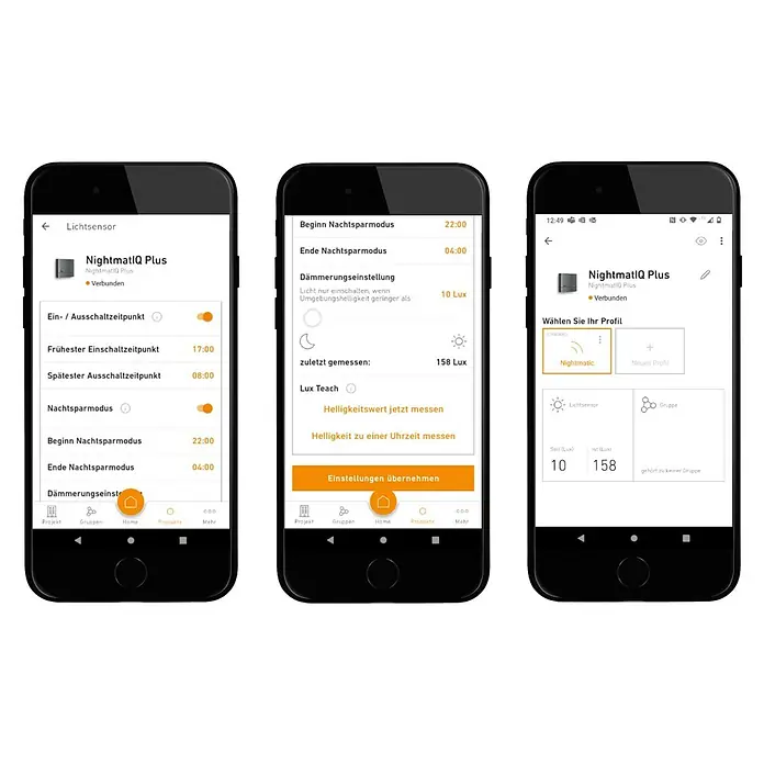 Steinel Dämmerungssensor NightmatIQ Plus - Anthrazit - Smartphone-Screenshots der NightmatIQ Plus App, die Lichteinstellungen und Profile zeigen.\n