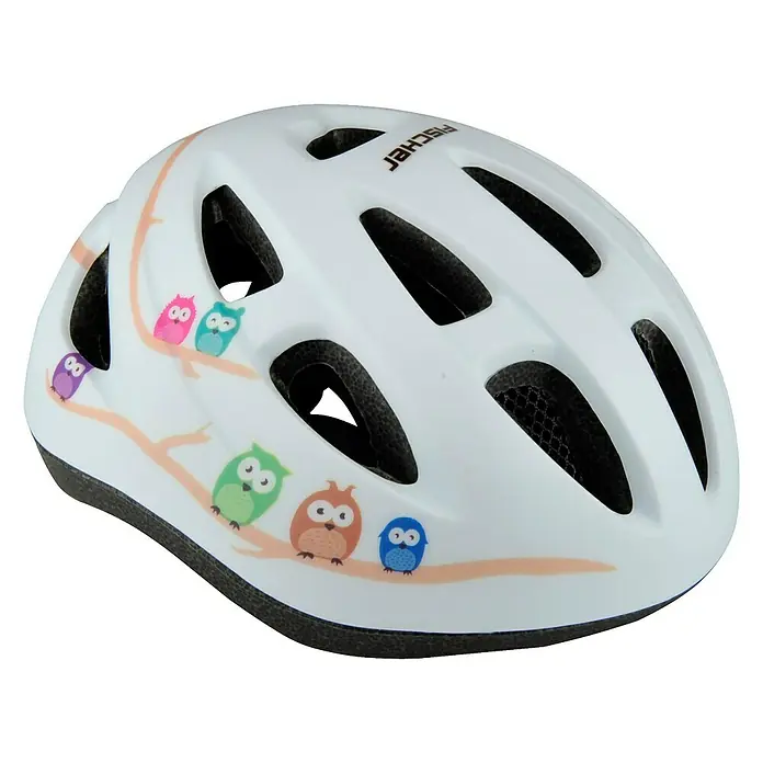 Fischer Fahrradhelm Eule - Größe: S/M 55 - 59 cm - Weißer Kinderfahrradhelm mit einem bunten Eulendesign und dem Fischer-Logo für mehr Sicherheit beim Radfahren.