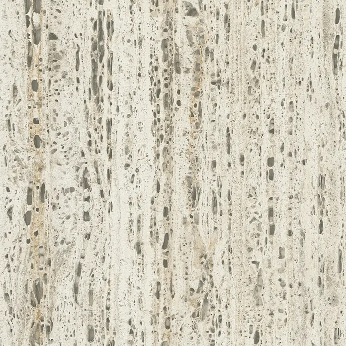 Marburg Travertino Vliestapete Struktur - Beige-Grau, Steinoptik, 10,05 x 0,53 m - Poröse Travertin-Oberfläche in sanften Weiß- und Grautönen mit vertikalen Linien und natürlichen Einschlüssen. Ideal für moderne Designs.