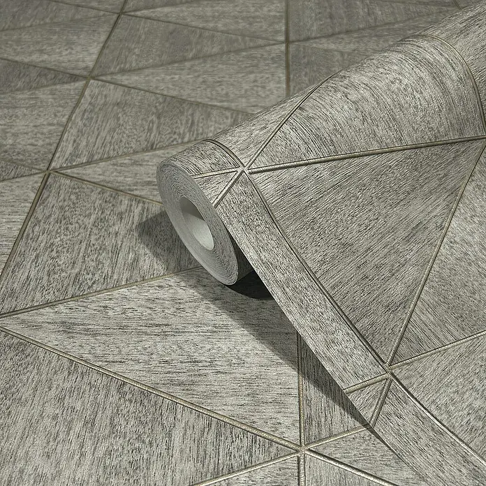 Marburg Travertino Papiertapete - Grau, Grafisch, 10,05 x 0,53 m - Graue Dreieck Tapete mit metallischen Akzenten, die jedem Raum einen modernen Touch verleiht. Ideal für stilvolle Interieurs.