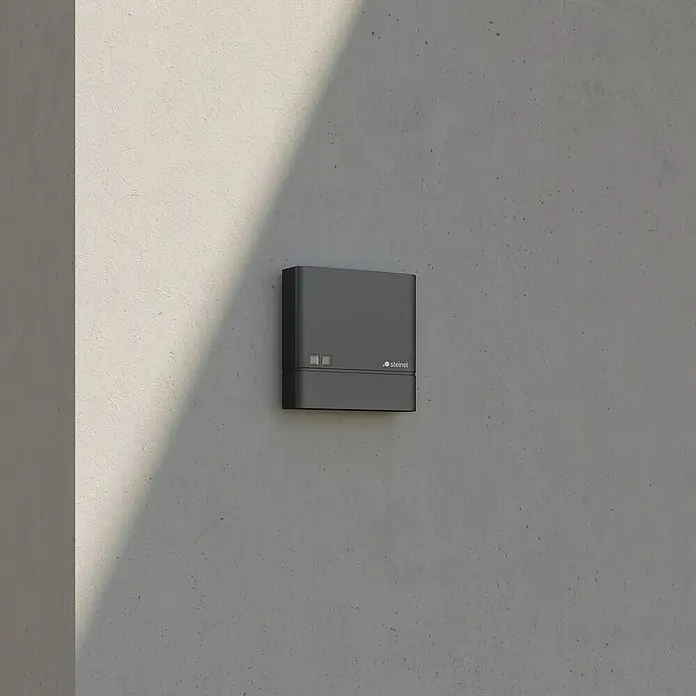 Steinel Dämmerungssensor NightmatIQ Plus1.000 W, Anthrazit - Aufnahme einer grauen Steinel-Box, die an einer grauen Wand befestigt ist und von der Sonne beschienen wird.