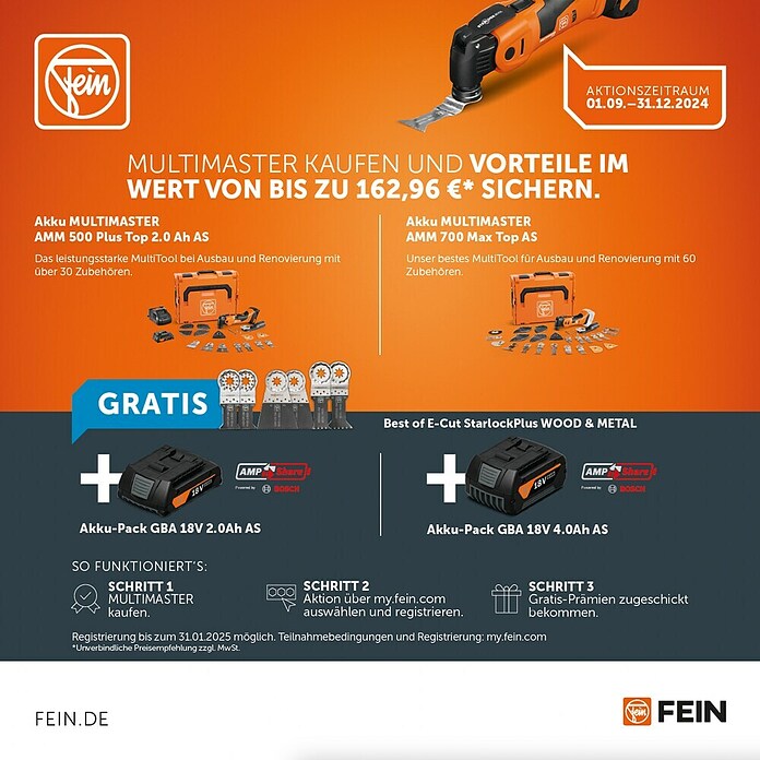 Fein AMPShare 18V Akku-Multifunktionswerkzeug MultiMaster AMM700 Max Top AS (18 V, Ohne Akku, Oszillationswinkel: ± 2 °) | BAUHAUS