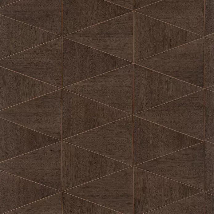 Marburg Travertino Papiertapete - Braun, Grafisch, 10,05 x 0,53 m - Dunkelbraune Holzplatte mit geometrischem Dreiecksmuster.