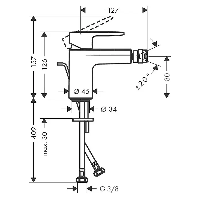 Hansgrohe Vernis Blend Grifo monomando de bidé - Cromo, Brillante - Dibujo técnico de un grifo mezclador de lavabo con todas las dimensiones para la instalación.
