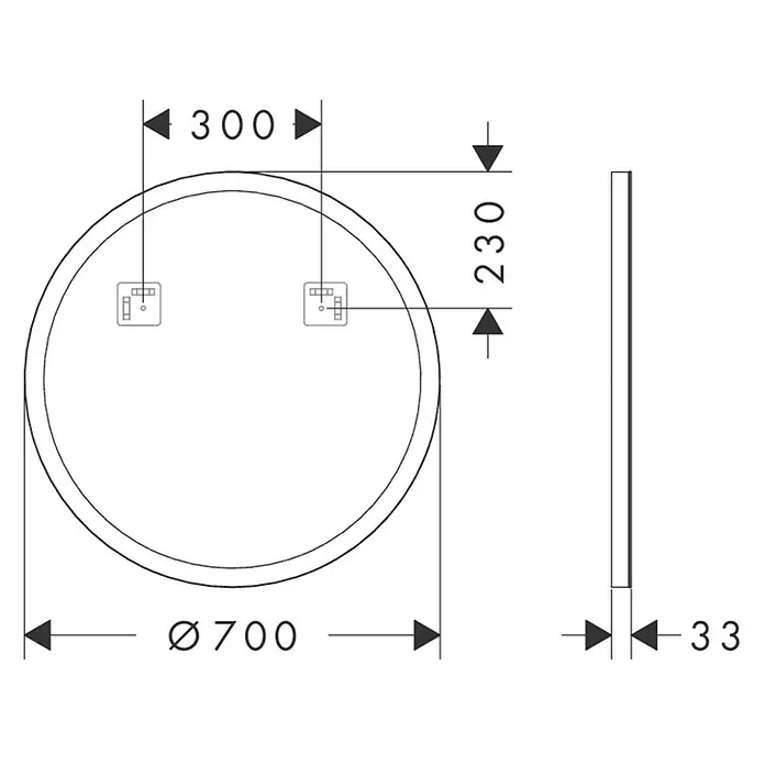Hansgrohe Lichtspiegel Xarita Lite S - 70 x 70 cm, Schwarz - Abbildung eines runden Spiegels mit den Maßen Durchmesser 700 mm, Tiefe 33 mm, Abstand der Aufhängung 300 mm und Höhe der Aufhängung 230 mm.