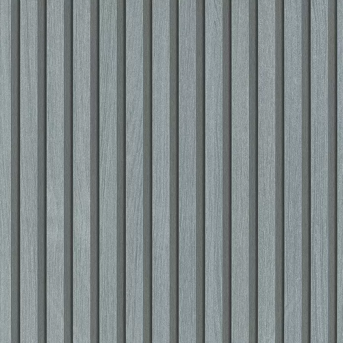 Marburg Travertino Vliestapete Paneel-Optik - Silber, Metalloptik, 10,05 x 0,53 m - Graue vertikale Holzlamellen-Wandverkleidung.
