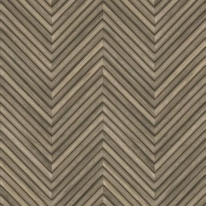 Marburg Travertino Vliestapete Fischgrätmuster - Mittelbraun, Holzoptik, 10,05 x 0,53 m - Dekoratives gerilltes Holzpaneel mit natürlichem hellbraunem Chevron-Muster und sichtbarer Maserung.