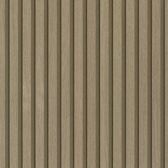 Marburg Travertino Vliestapete Paneel-Optik - Gold, Metalloptik, 10,05 x 0,53 m - Vertikale hellbraune Holzlattenwandverkleidung mit Holzmaserung.