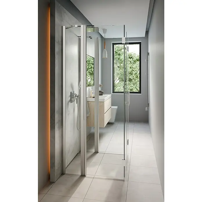 Camargue Vario Duschkabine S92S92Links x Mitte x Rechts: 80 x 80 x 80 cm, Beschichtet, Stärke: 6 mm, Silber - Moderne Badezimmeransicht mit Duschabtrennung aus Klarglas mit silbernen Beschlägen, die den Duschbereich elegant vom Rest des Bades trennt.