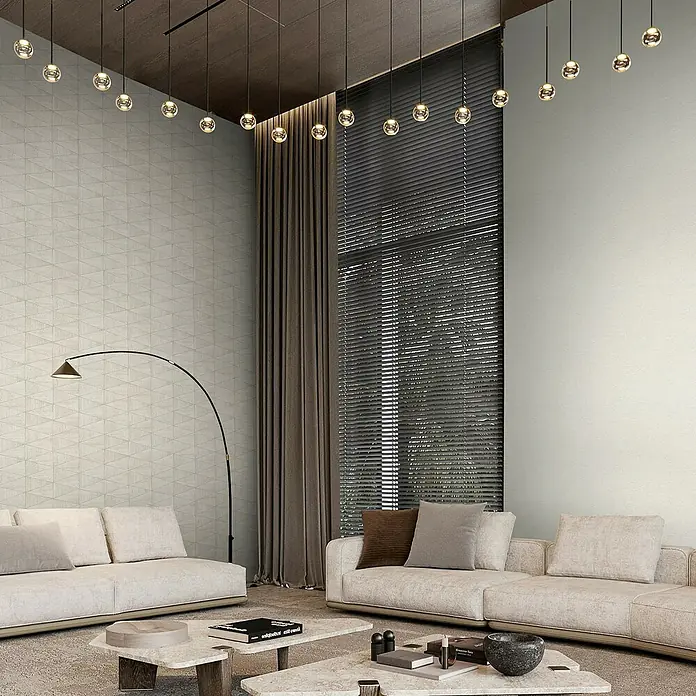 Marburg Travertino Papiertapete - Beige, Grafisch, 10,05 x 0,53 m - Moderne Wohnzimmerbeleuchtung mit stilvollen Pendelleuchten über Sofas und Couchtischen. Elegantes Design für ein gemütliches Ambiente.