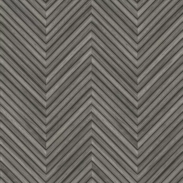 Marburg Travertino Vliestapete Fischgrätmuster - Dunkelgrau, Holzoptik, 10,05 x 0,53 m - Dunkelgraue geriffelte Holzplatte mit Chevron-Muster.