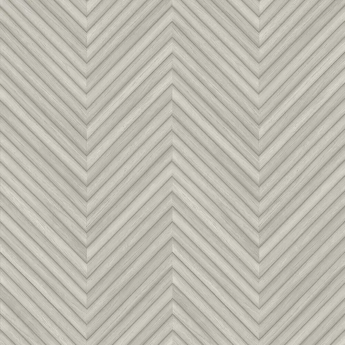Marburg Travertino Vliestapete Fischgrätmuster - Weißbeige, Holzoptik, 10,05 x 0,53 m - Hellgraue Chevron-Holzverkleidung mit geriffelten, texturierten Lamellen.