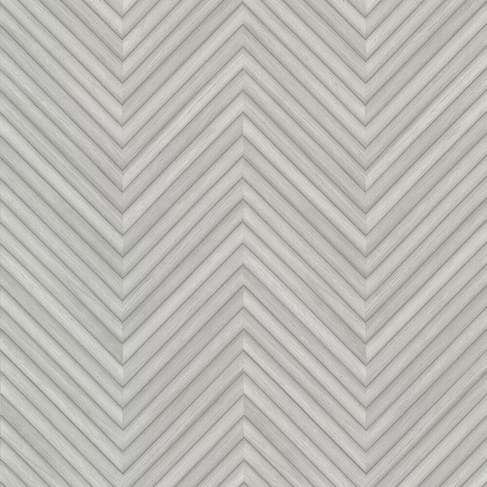 Marburg Travertino Vliestapete Fischgrätmuster - Hellgrau, Holzoptik, 10,05 x 0,53 m - Hellgraues, geriffeltes Holzpaneel mit Chevron-Muster.
