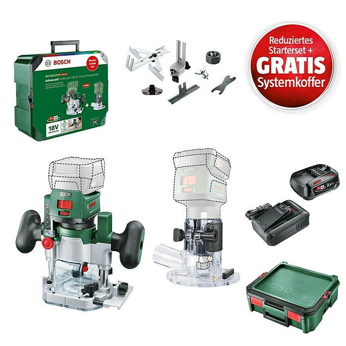 Bosch Power for All 18V Maschinenpaket (Akku-Kantenfräser AdvancedTrimRouter 18V-8 Set + reduz. Starter-Kit + gratis Systembox) | BAUHAUS