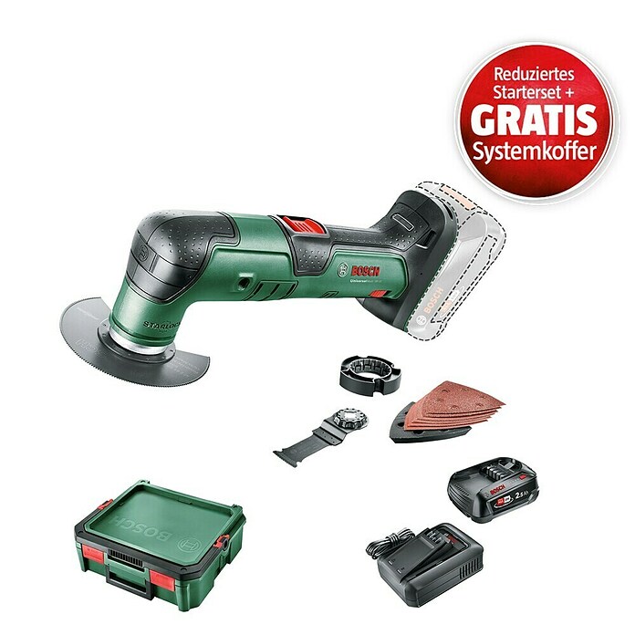 Bosch Power for All 18V Maschinenpaket (Akku-Multifunktionswerkzeug UniversalMulti 18V-32 + reduz. Starter-Kit + gratis Systembox) | BAUHAUS