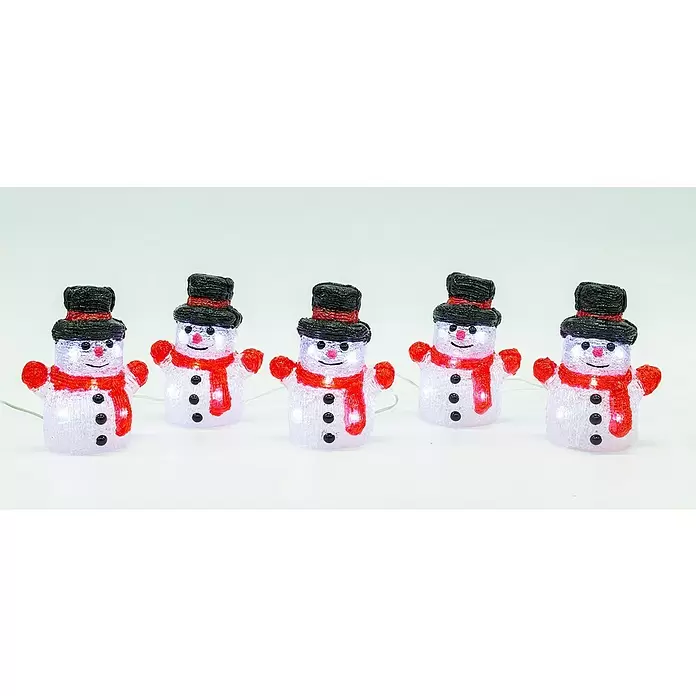 Tween Light LED-Lichterkette Schneemann - Innen, Lichtfarbe: Warmweiß, Anzahl Leuchtmittel: 40 Stk., Batteriebetrieben - Fünf durchscheinende LED-Schneemannlichter mit schwarzen Hüten und roten Schals.