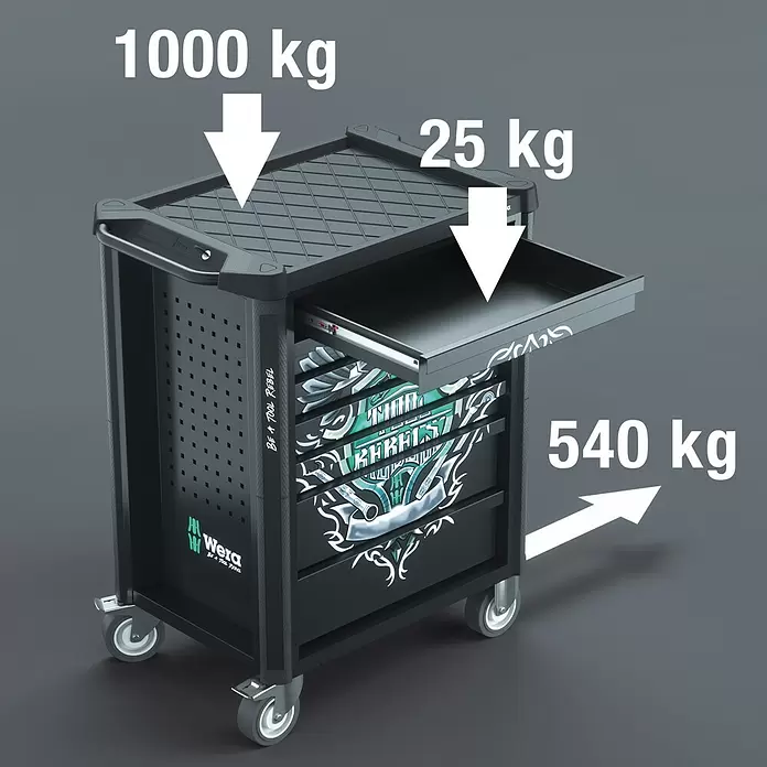 Wera Werkstattwagen Tool Rebel - L x B x H: 785 x 518 x 1.020 mm, Anzahl Schubladen: 7 Stk. - Schwarzer Wera Werkzeugwagen mit Schubladen, Griff und Rädern, zeigt 1000 kg statische und 540 kg dynamische Tragfähigkeit.