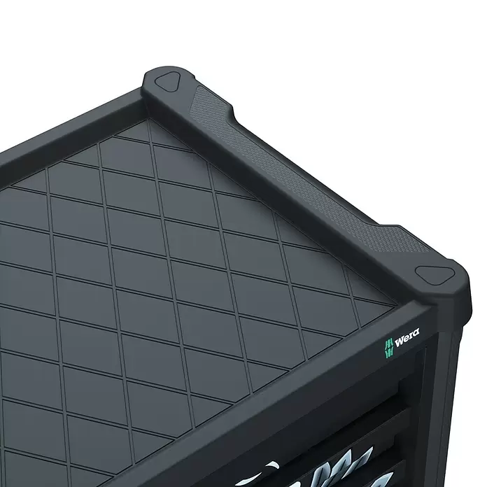 Wera Werkstattwagen Tool Rebel - L x B x H: 785 x 518 x 1.020 mm, Anzahl Schubladen: 7 Stk. - Dunkelgraue Wera Werkzeugkasten-Oberseite mit diagonalem Gittermuster und strukturierten Griffen.