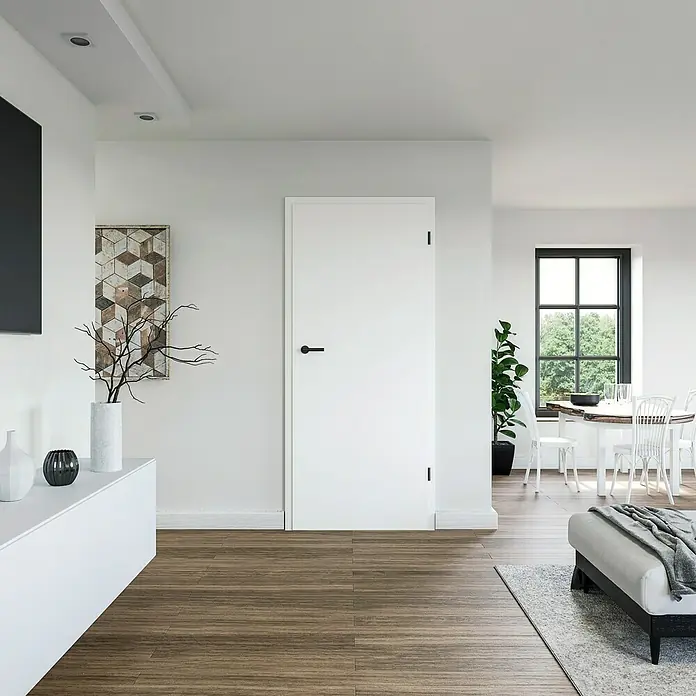Invado Zimmertür ND1 ohne Schlüssellochbohrung - 985 x 1.985 mm, DIN Anschlag: Rechts, Verkehrsweiß matt, Röhrenspan - Ein stilvolles Interieur mit einer eleganten weißen Tür, die sich harmonisch in das moderne Wohnambiente einfügt. Die Tür zeichnet sich durch ihr schlichtes Design aus.