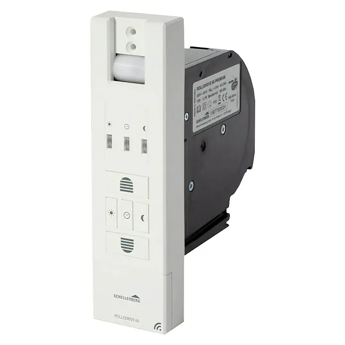 Schellenberg Recogedor de cinta de persiana inhalámbrico Rollodrive 65 Premium - Fuerza de tracción: 45 kg, Anchura de la correa: 23 mm, Empotrado - Primer plano de un enrollador de correa Schellenberg RolloDrive 65 Premium en blanco y negro.