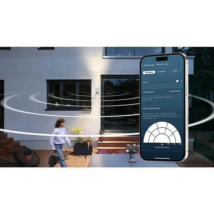 Bosch Smart Home Außenkamera Eyes II - 1.080 Pixel (Full HD), Silber, Erfassungswinkel: 180 °, Erfassungsreichweite: 8 m - Die smarte Außenleuchte mit Bewegungssensor lässt sich per App individuell einstellen.