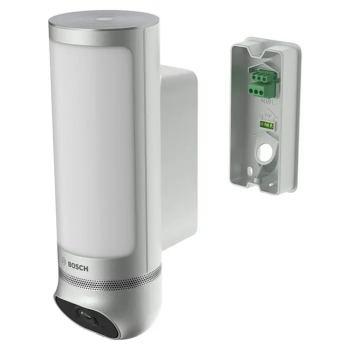 Bosch Smart Home Außenkamera Eyes II - 1.080 Pixel (Full HD), Silber, Erfassungswinkel: 180 °, Erfassungsreichweite: 8 m - Eine Bosch-Sicherheitskamera mit integrierter Aussenbeleuchtung und Montagehalterung für eine einfache Installation.