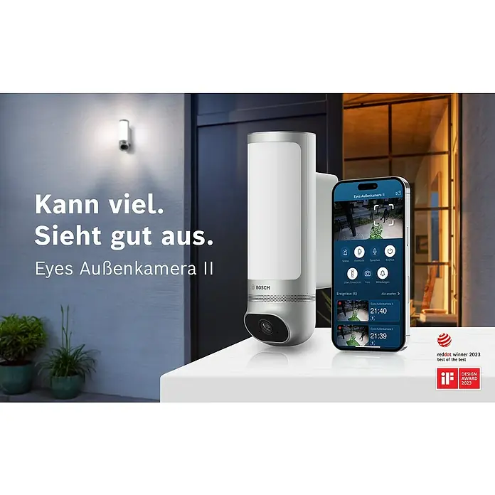 Bosch Smart Home Außenkamera Eyes II - 1.080 Pixel (Full HD), Silber, Erfassungswinkel: 180 °, Erfassungsreichweite: 8 m - Nahaufnahme der Bosch Eyes Außenkamera II, die mit ihrem modernen Design und den smarten Funktionen überzeugt.