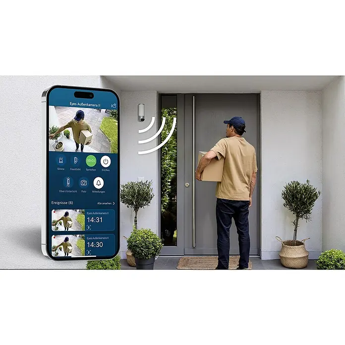Bosch Smart Home Außenkamera Eyes II - 1.080 Pixel (Full HD), Silber, Erfassungswinkel: 180 °, Erfassungsreichweite: 8 m - Überwachungskamera-System mit Smartphone-App, das einen Paketboten an der Haustür erfasst und eine Gegensprechfunktion bietet.