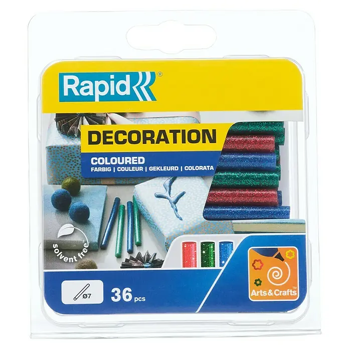 Rapid Klebepatronen Glitzer Klassik - Durchmesser Klebepatrone: 7 mm, Grün/Rot/Blau Glitzer - Rapid Dekorationsklebestifte, farbig sortiert, 36 Stück. Ideal für Bastelarbeiten und kreative Projekte, lösungsmittelfrei und einfach in der Anwendung.