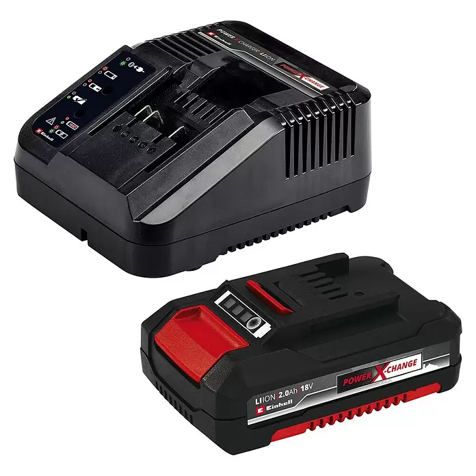 Einhell PXC 18V Taladro atornillador de batería TE-CD 18/45 3X-Li - 18 V, 1 batería, 2 Ah - Batería de iones de litio Einhell Power X-Change 18V negra y su cargador negro y rojo, con luces indicadoras.