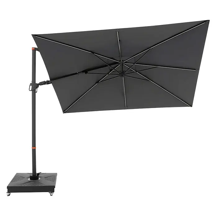 Doppler Ampelschirm myZone AX - Anthrazit, Bespannungsmaß (L x B): 280 x 280 cm - Grauer rechteckiger Sonnenschirm mit Metallgestell auf schwarzem Fuß mit Rollen für den Außenbereich.