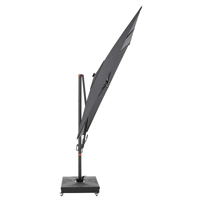 Doppler Ampelschirm myZone AX - Anthrazit, Bespannungsmaß (L x B): 210 x 210 cm - Bild eines schwarzen Sonnenschirms mit Ständer. Der Sonnenschirm ist modern und schützt vor Sonne. Er ist auf Rädern montiert.