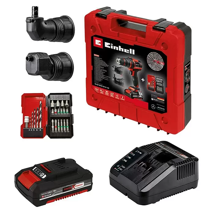 Einhell PXC 18V Taladro atornillador de batería TE-CD 18/45 3X-Li - 18 V, 1 batería, 2 Ah - Kit de taladro inalámbrico Einhell rojo y negro con batería, cargador, brocas y accesorios, en estuche rojo.